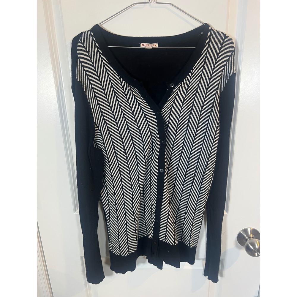 Merona Women Cardigan Herringbone Chevron Pattern Black White XXL